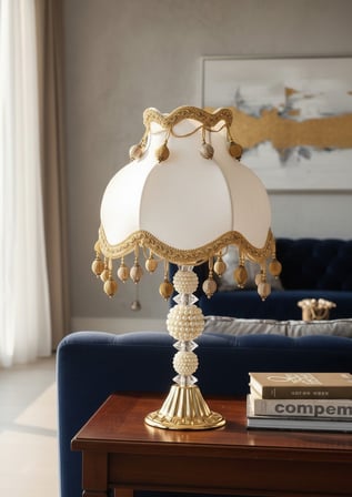 Ekru Kadife Gold İşlemeli Ponponlu Başlık İncili Gold Metal Ayaklı Klasik Model Abajur 50x30cm