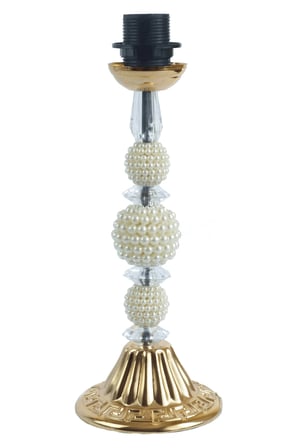 Ekru Kadife Gold İşlemeli Ponponlu Başlık İncili Gold Metal Ayaklı Klasik Model Abajur 50x30cm