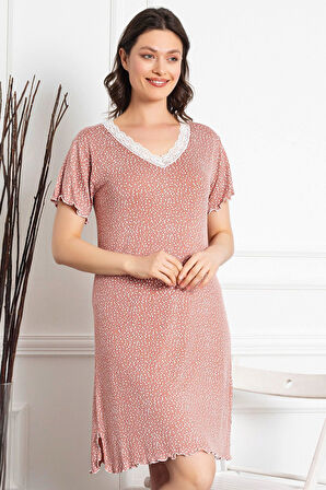 Pembe çiçek Desenli kısa kollu kolu ve yakası dantelli fiyonklu likralı kadın gecelik