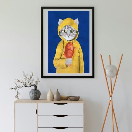 Sarı Yağmurluklu Kedi Temalı Dekoratif Tablo Sök Tak Çerçeve