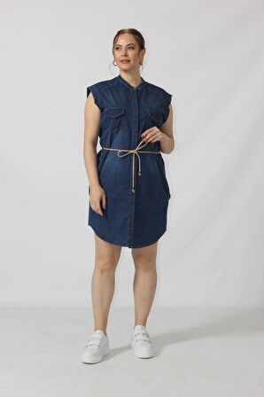 Kemer Detaylı Düğmeli Sıfır Yaka Dizüstü Kot Elbise