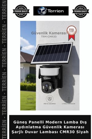 Güneş Panelli Modern Lamba Dış Aydınlatma Güvenlik Kamerası Şarjlı Duvar Lambası CMR30 Siyah