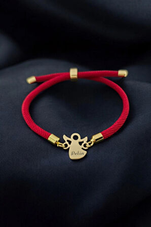 Pelin İsmine Özel Mevlana Motifli 14 Ayar Altın Plakalı İpek Örgülü Hediye Bileklik-328isim-kırmızı