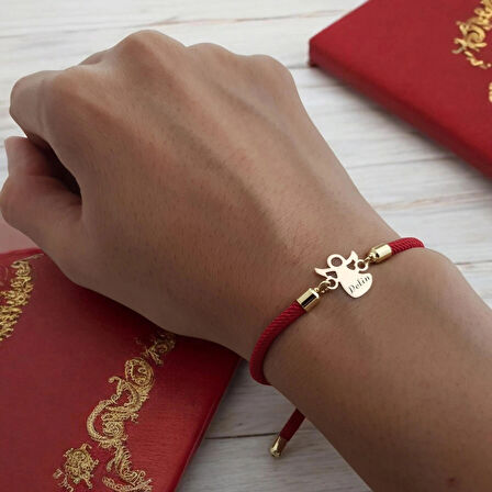 Pelin İsmine Özel Mevlana Motifli 14 Ayar Altın Plakalı İpek Örgülü Hediye Bileklik-328isim-kırmızı