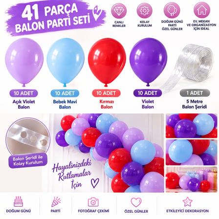 🎈 41 PARÇA BALON PARTİ SETİ – RENKLİ VE EĞLENCELİ KUTLAMALAR İÇİN!