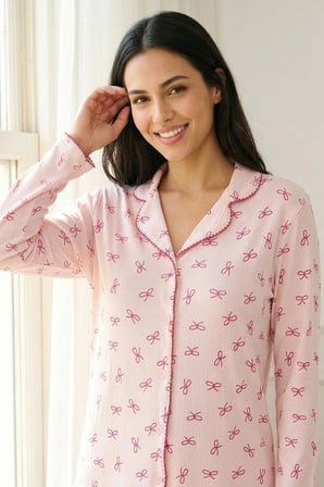 Kadın Pembe Çiçek Desenli Bambu Viskon Uzun Kollu Soft Örme Pijama Takımı
