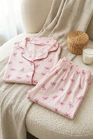 Kadın Pembe Çiçek Desenli Bambu Viskon Uzun Kollu Soft Örme Pijama Takımı