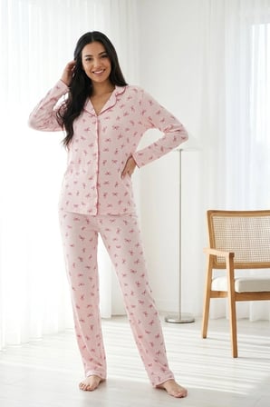 Kadın Pembe Çiçek Desenli Bambu Viskon Uzun Kollu Soft Örme Pijama Takımı