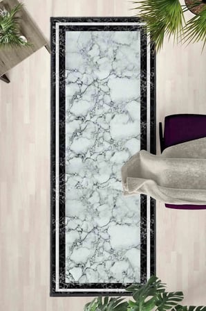 Çerçeve Mermer Yıkanabilir Yolluk Halı Kaymaz Taban Salon Mutfak Açık Gri