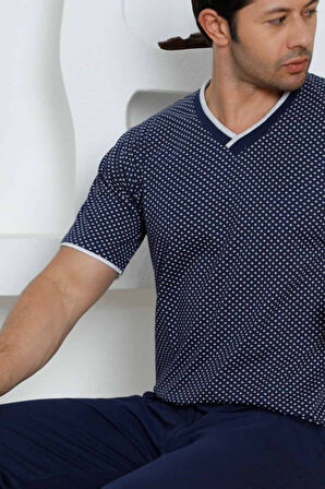 Erkek Desenli V Yaka Düğmesiz %100 Pamuk Kısa Kol Cepli Pijama Takımı