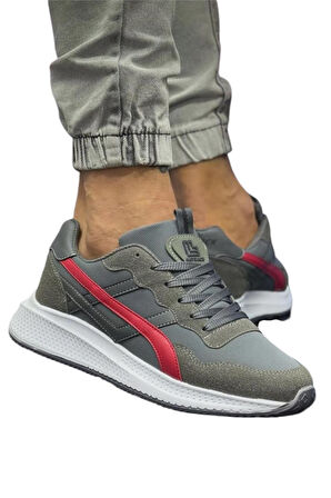 Erkek Comfort Hafif Taban Spor Ayakkabı GRİ - KIRMIZI