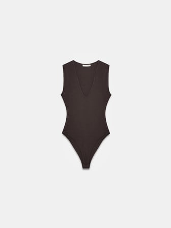  V Yaka Bodysuit-Koyu Kahve