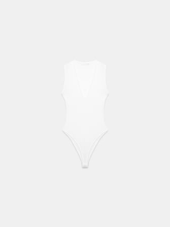  V Yaka Bodysuit-Beyaz