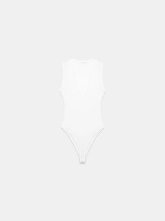  V Yaka Bodysuit-Beyaz