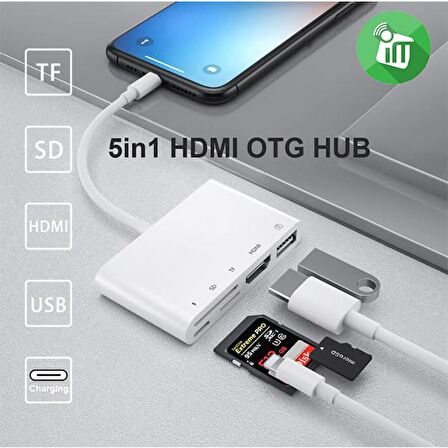 Coofbe İPhone İpad HDMI Görüntü Aktarım Kiti İphone Otg HDMI USB TF SD Okuyucu Av Adaptör İphone HUB