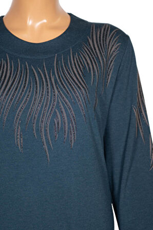 Hesna Kadın Elvan Kışlık Büyük Beden Boydan Baskılı Petrol Elbise