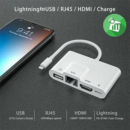 Polham Apple İpad ve İphone İçin Lightning 3in1 HDMI, RJ45 ve OTG Dönüştürücü Kablosu