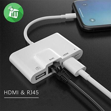 Polham Apple İpad ve İphone İçin Lightning 3in1 HDMI, RJ45 ve OTG Dönüştürücü Kablosu