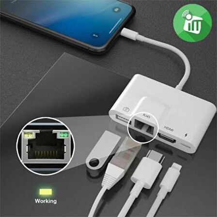 Polham Apple İpad ve İphone İçin Lightning 3in1 HDMI, RJ45 ve OTG Dönüştürücü Kablosu