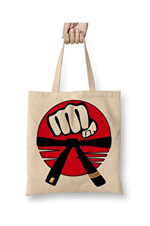 Kara Kuşak Karate Bez Çanta Uzun Saplı Alışveriş Çantası Plaj Çantası