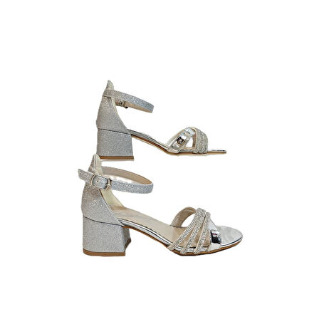 Fiyra 9052 Gümüş Simli Çapraz Üçbant Kız Çocuk Abiye Topuklu