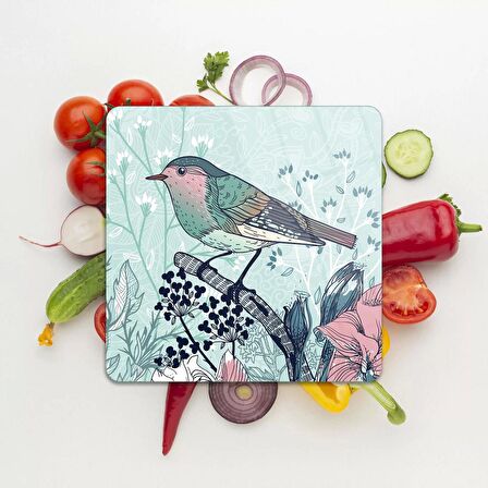 Decovetro Cam Kesme Tahtası Kare Kuş Çiçek Desenli 30x30 Cm