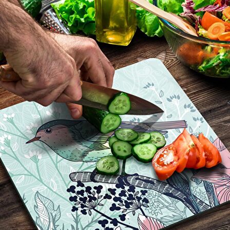 Decovetro Cam Kesme Tahtası Kare Kuş Çiçek Desenli 30x30 Cm