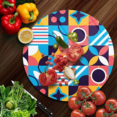 Decovetro Cam Kesme Tahtası Yuvarlak Karma Çizgi Desenli 30x30 Cm