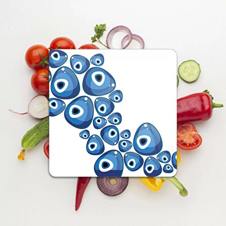 Decovetro Cam Kesme Tahtası Kare Nazar Boncuğu Beyaz Zeminli 30x30 Cm