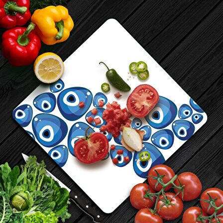 Decovetro Cam Kesme Tahtası Kare Nazar Boncuğu Beyaz Zeminli 30x30 Cm