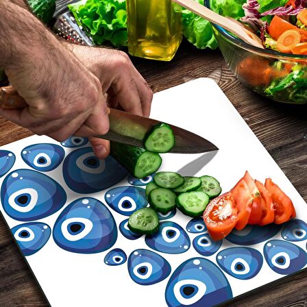 Decovetro Cam Kesme Tahtası Kare Nazar Boncuğu Beyaz Zeminli 30x30 Cm