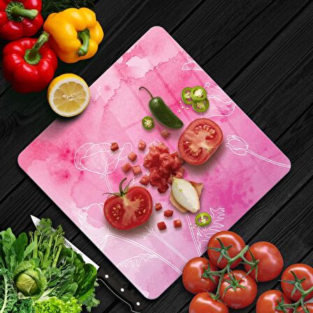 Decovetro Cam Kesme Tahtası Kare Pembe Çiçek Desenli 30x30 Cm