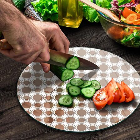 Decovetro Cam Kesme Tahtası Yuvarlak Kahverengi Nokta Desenli 30x30 Cm