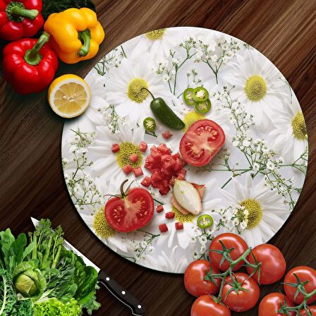 Decovetro Cam Kesme Tahtası Yuvarlak Papatya Desenli 30x30 Cm