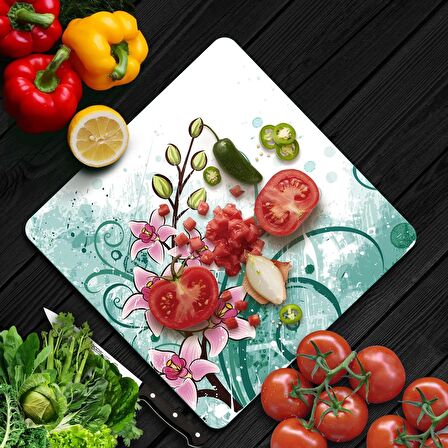 Decovetro Cam Kesme Tahtası Kare Eskitme Çiçek Desenli 30x30 Cm