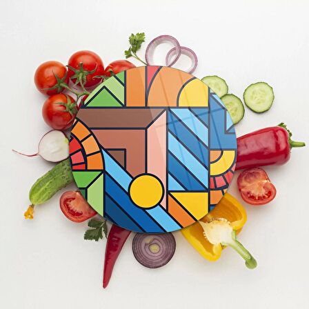 Decovetro Cam Kesme Tahtası Yuvarlak Karma Geometrik Desenli 30x30 Cm