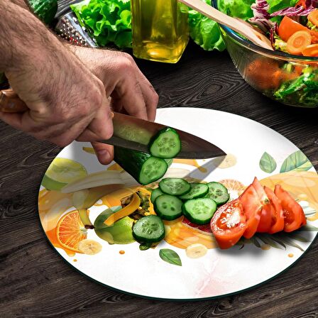 Decovetro Cam Kesme Tahtası Yuvarlak Meyve Kokteyli Desenli 30x30 Cm