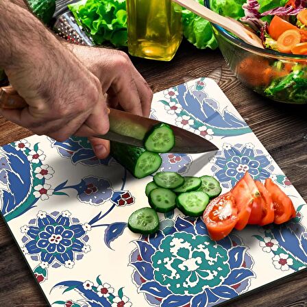 Decovetro Cam Kesme Tahtası Kare Mavi Çini Desenli 30x30 Cm