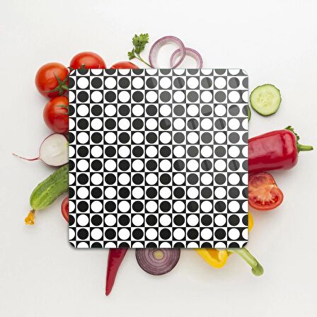 Decovetro Cam Kesme Tahtası Kare Küçük Yuvarlak Siyah Beyaz Desenli 30x30 Cm