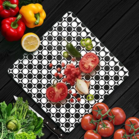 Decovetro Cam Kesme Tahtası Kare Küçük Yuvarlak Siyah Beyaz Desenli 30x30 Cm