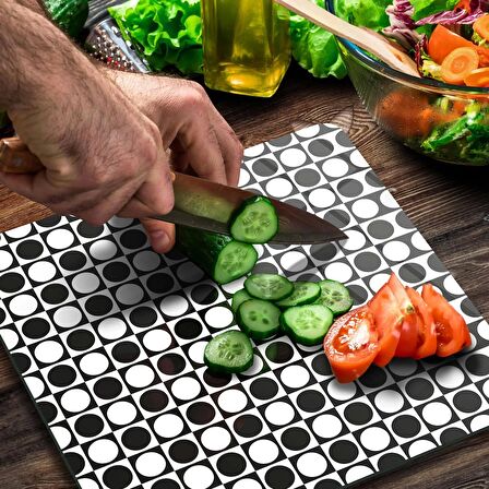 Decovetro Cam Kesme Tahtası Kare Küçük Yuvarlak Siyah Beyaz Desenli 30x30 Cm