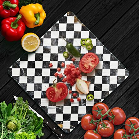 Decovetro Cam Kesme Tahtası Kare Siyah Beyaz Dama Desenli 30x30 Cm