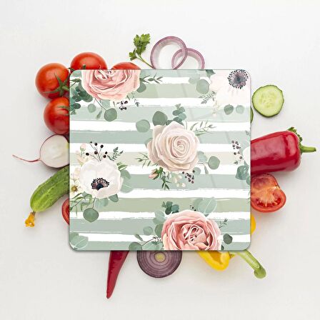 Decovetro Cam Kesme Tahtası Kare Vintage Gül Desenli 30x30 Cm