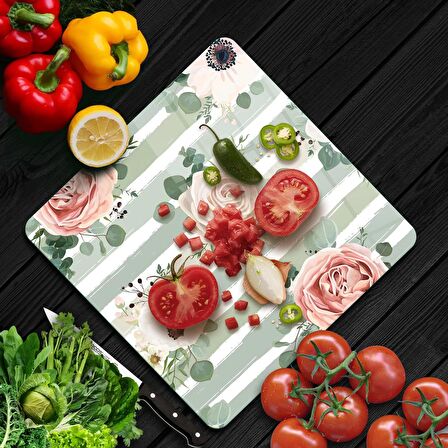 Decovetro Cam Kesme Tahtası Kare Vintage Gül Desenli 30x30 Cm