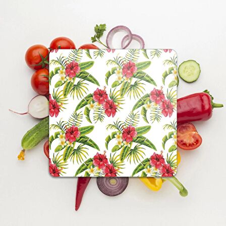 Decovetro Cam Kesme Tahtası Kare Yeşil Çiçek Desenli 30x30 Cm