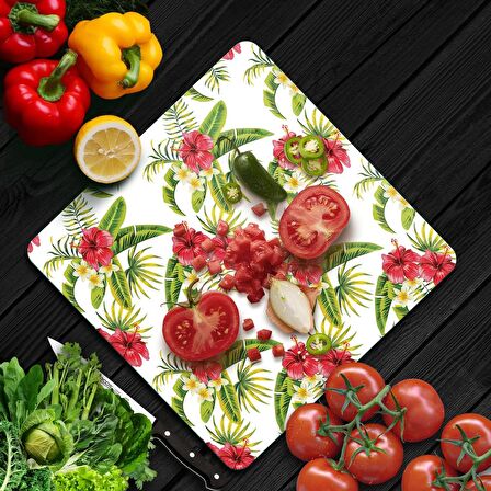 Decovetro Cam Kesme Tahtası Kare Yeşil Çiçek Desenli 30x30 Cm