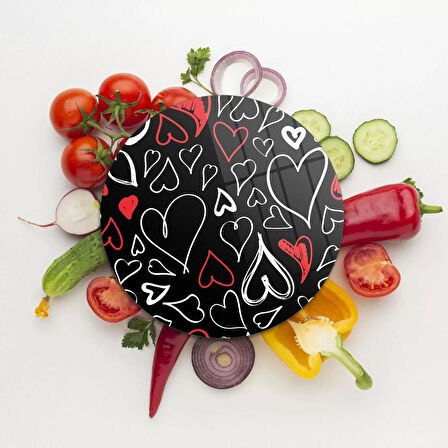 Decovetro Cam Kesme Tahtası Yuvarlak Siyah Kalp Desenli 30x30 Cm