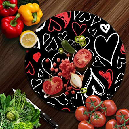 Decovetro Cam Kesme Tahtası Yuvarlak Siyah Kalp Desenli 30x30 Cm