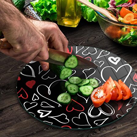 Decovetro Cam Kesme Tahtası Yuvarlak Siyah Kalp Desenli 30x30 Cm