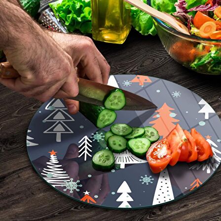 Decovetro Cam Kesme Tahtası Yuvarlak Ağaç Desenli 30x30 Cm